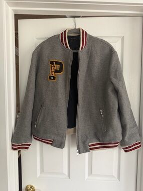 Zara (Trafaluc Outerwear) Gray Letterman Bomber Jacket with Red Trim